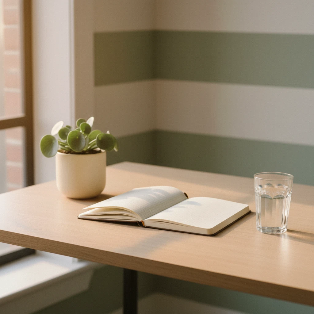 Een opgeruimd bureau met een notitieboek, een plant en een glas water in een rustige kantooromgeving