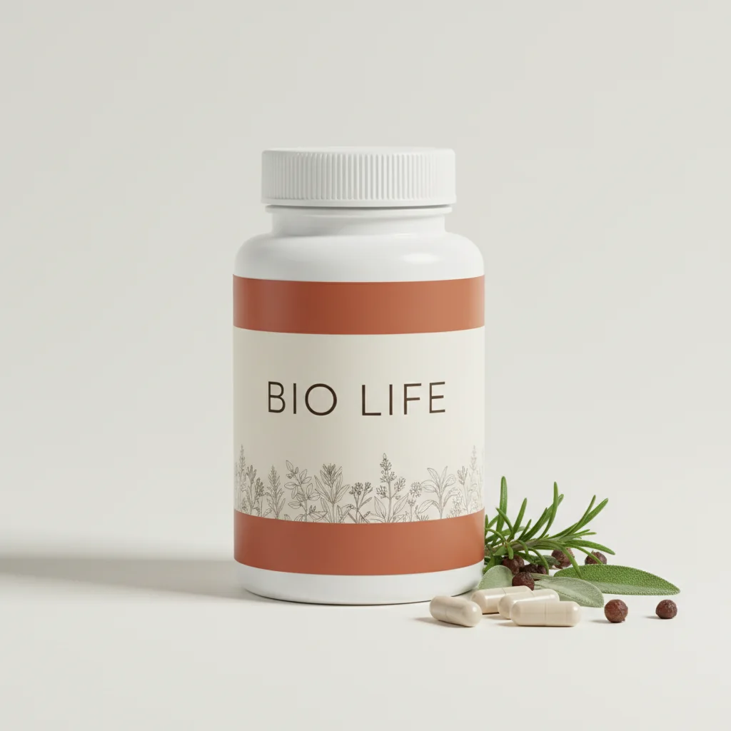 Bio Life glazen pot met houten deksel op een lichte stenen ondergrond