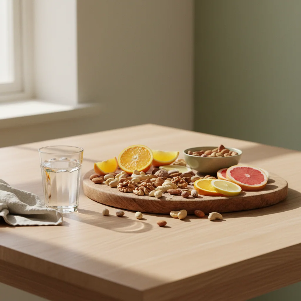 Een glas water en een houten ontbijtbord met noten en citrusfruit op een lichte keukentafel